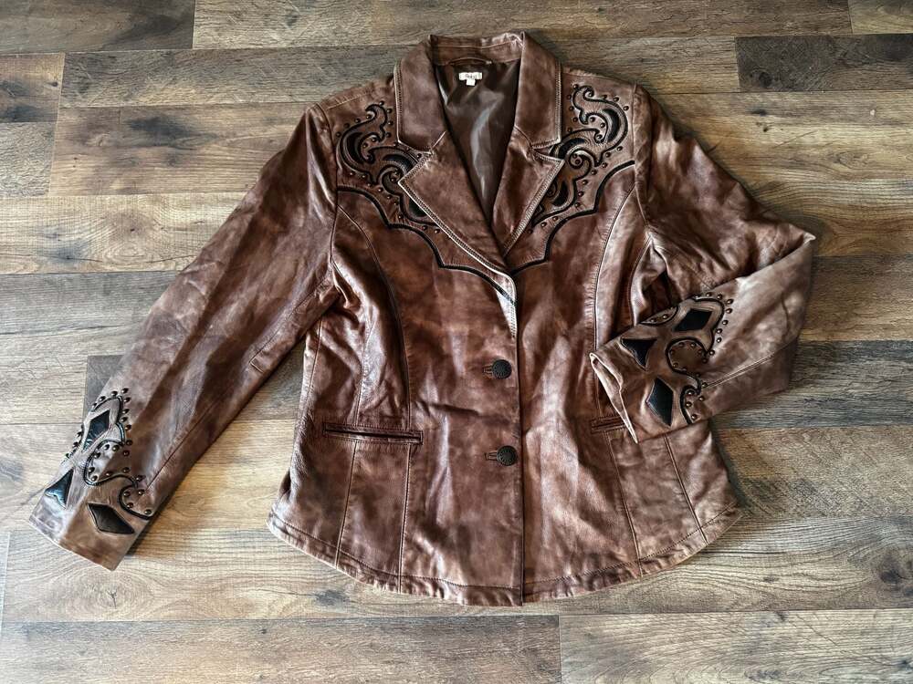 Reba Western Style Brown Leather Studded Blazer Jacket